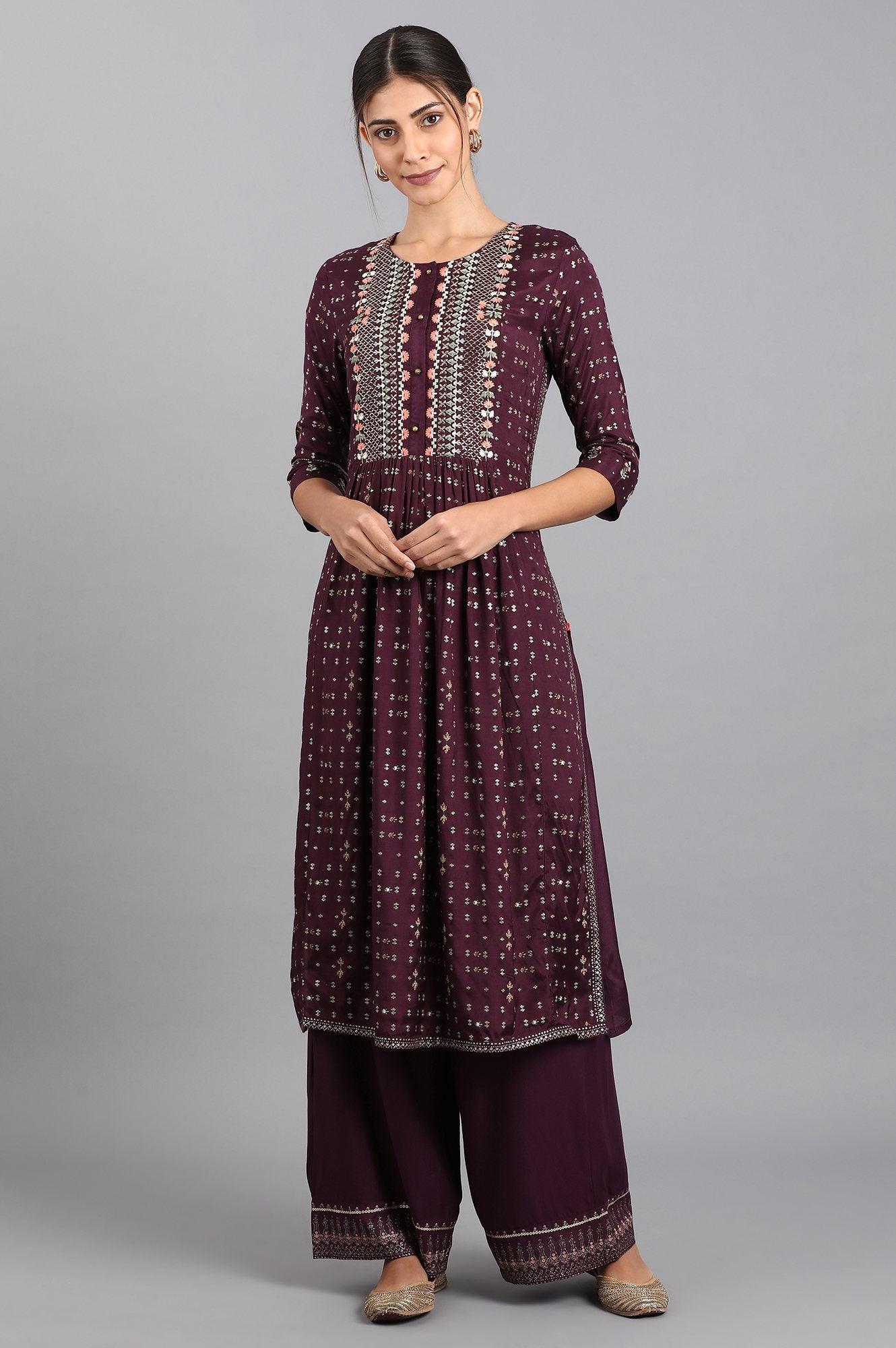 Purple Round Neck Embroidered kurta - wforwoman