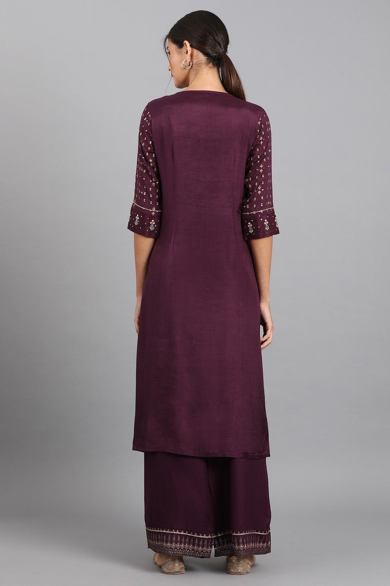Purple Round Neck Embroidered kurta - wforwoman