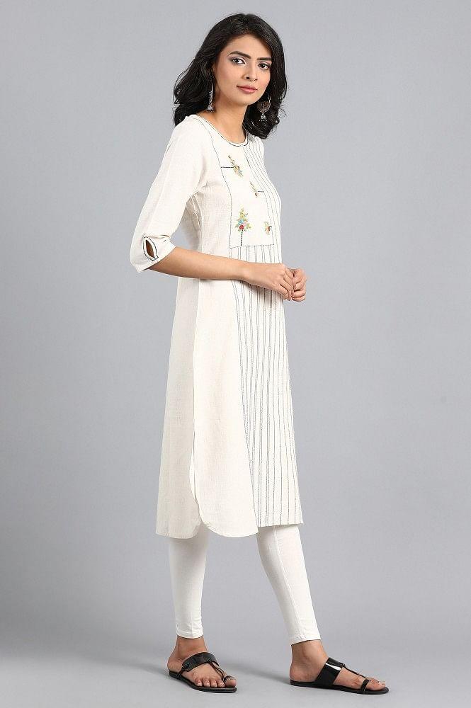 White Mandarin Neck Printed kurta - wforwoman