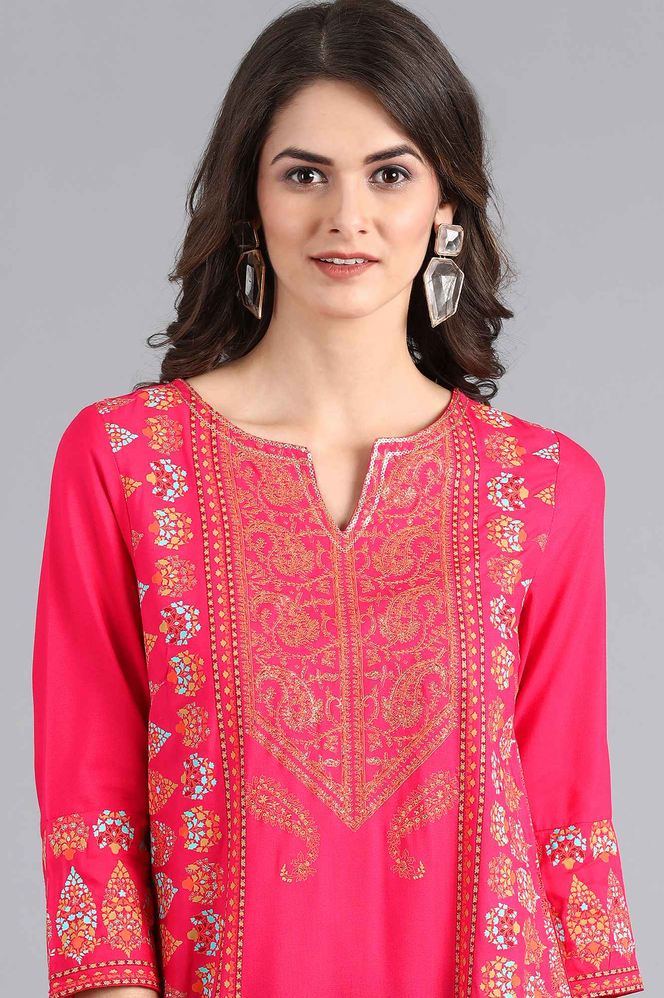 Pink Round Neck Printed kurta