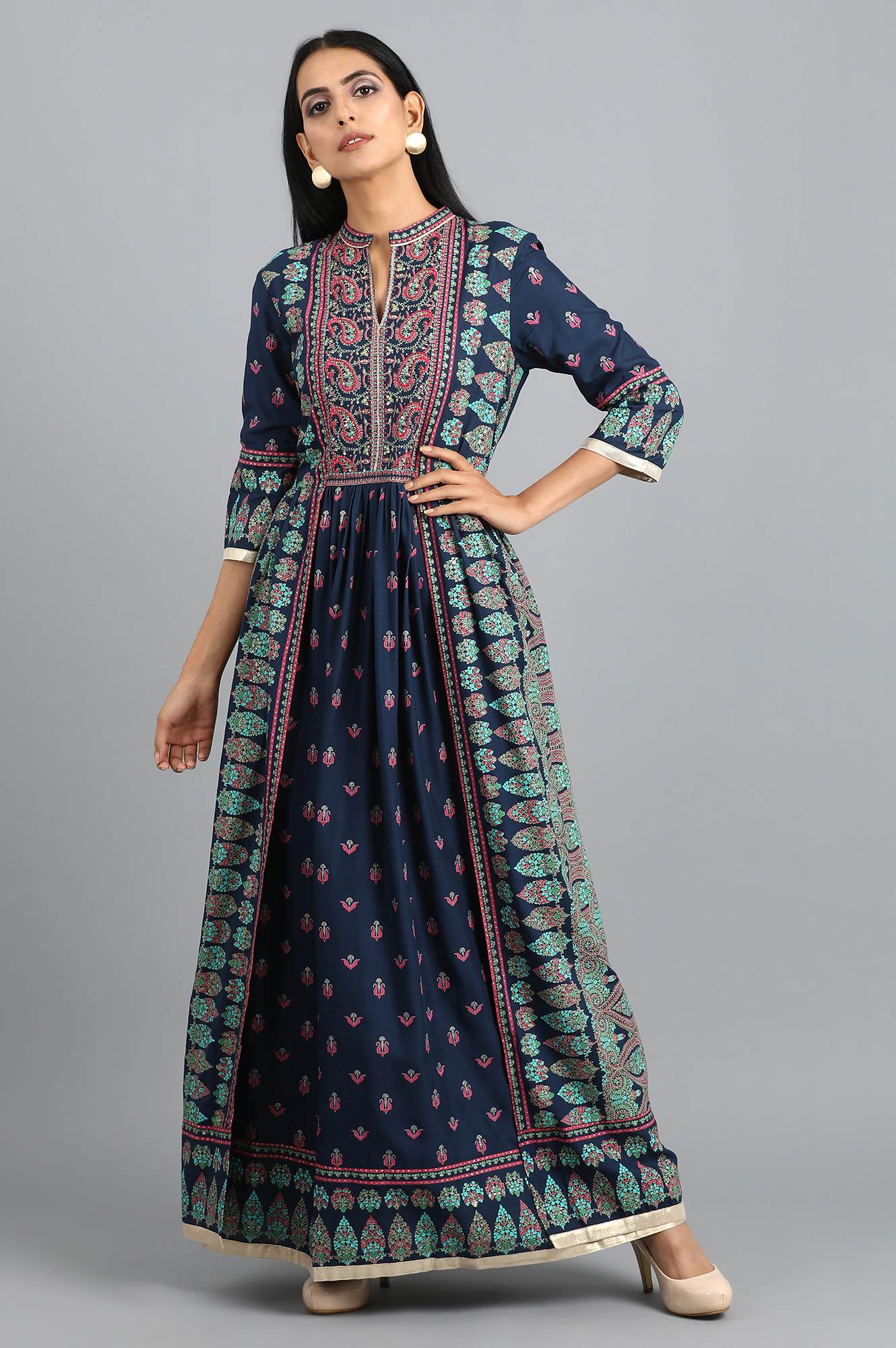 Blue Mandarin Neck Gathered Dress