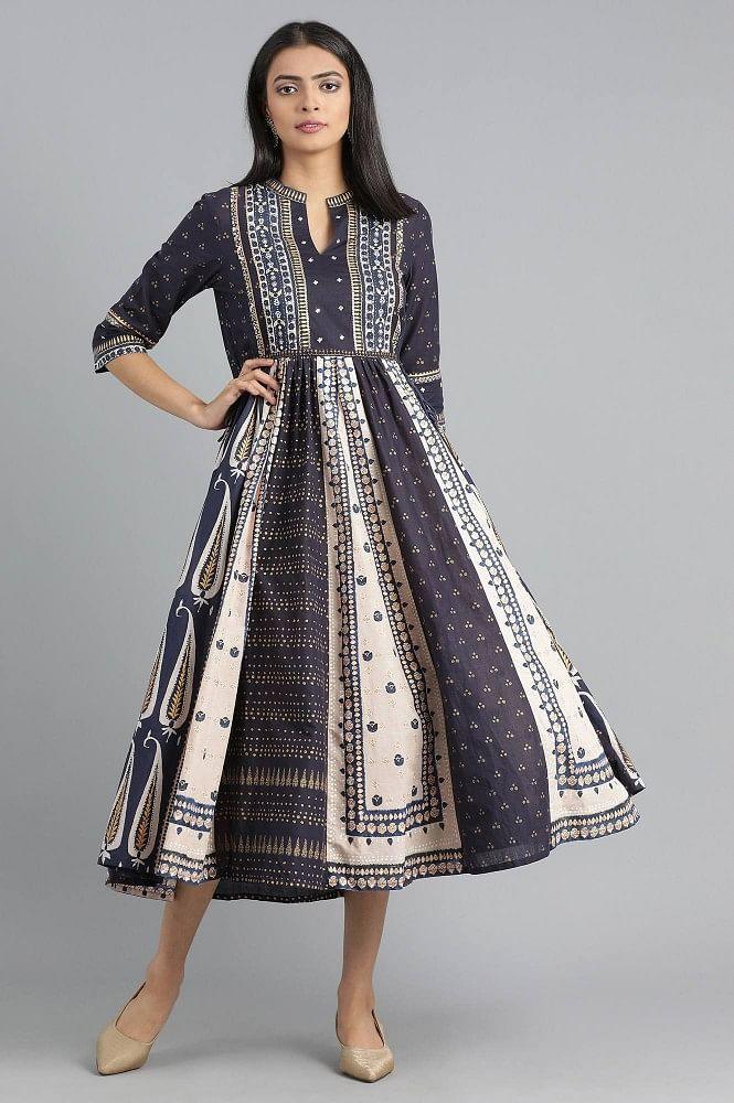 Blue Mandarin Neck Gathered Dress - wforwoman