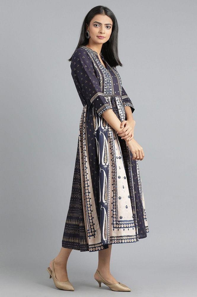 Blue Mandarin Neck Gathered Dress - wforwoman