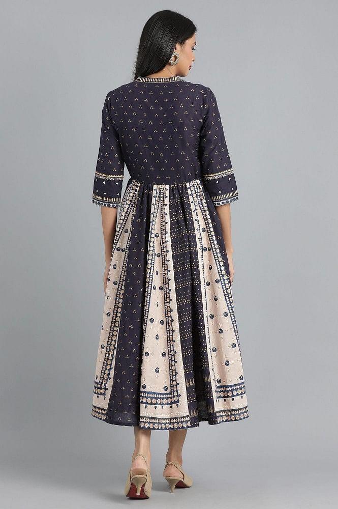 Blue Mandarin Neck Gathered Dress - wforwoman