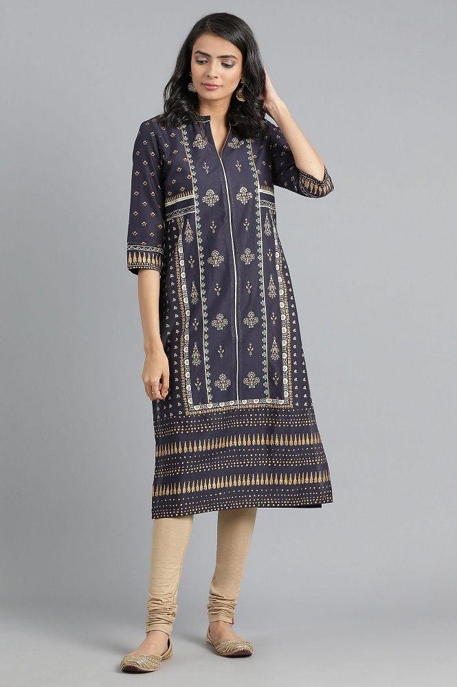 Blue Mandarin Neck Printed kurta - wforwoman