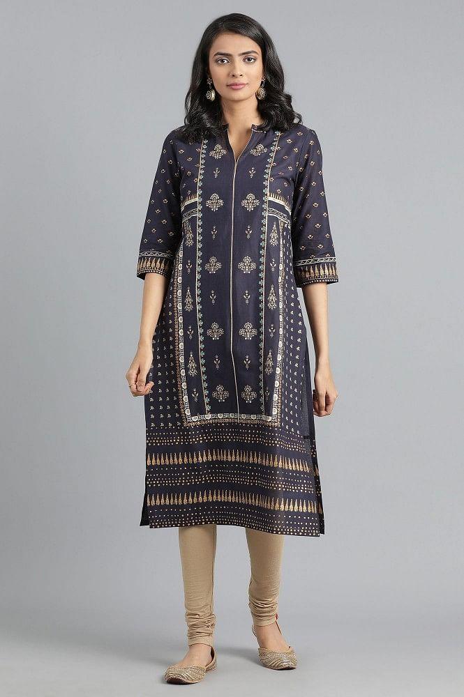 Blue Mandarin Neck Printed kurta - wforwoman