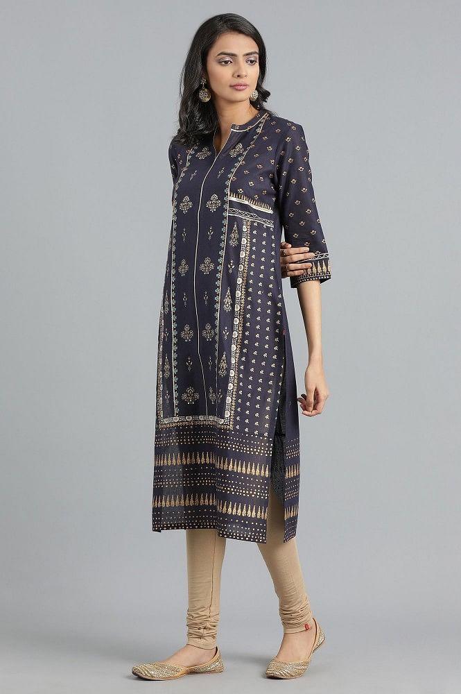 Blue Mandarin Neck Printed kurta - wforwoman