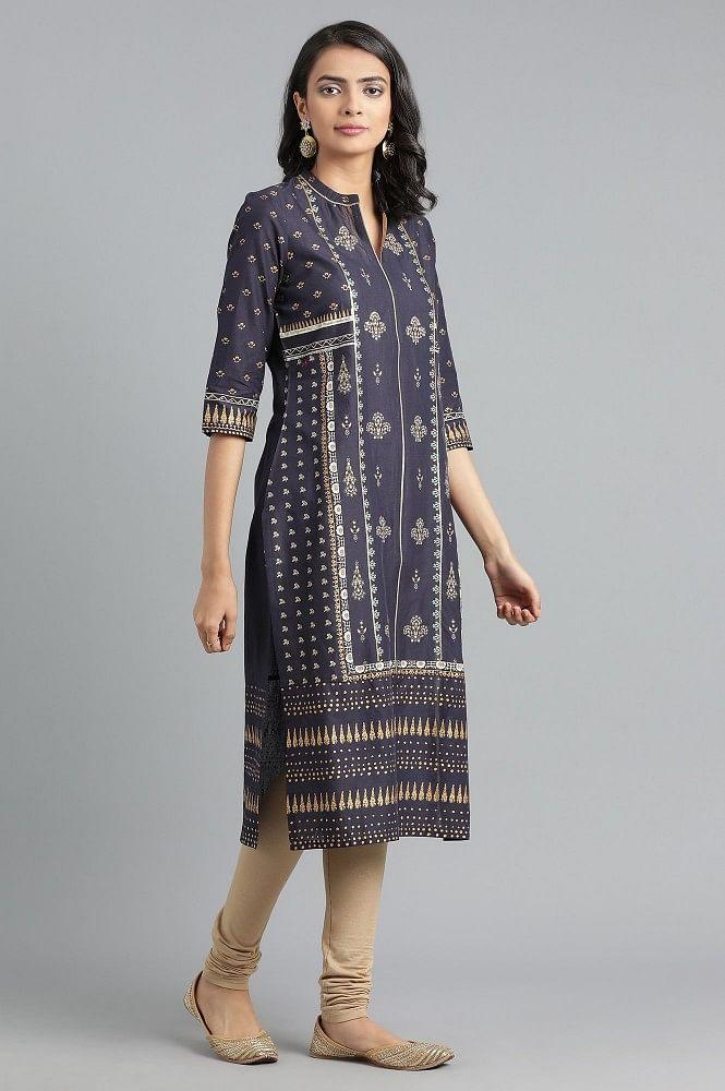 Blue Mandarin Neck Printed kurta - wforwoman