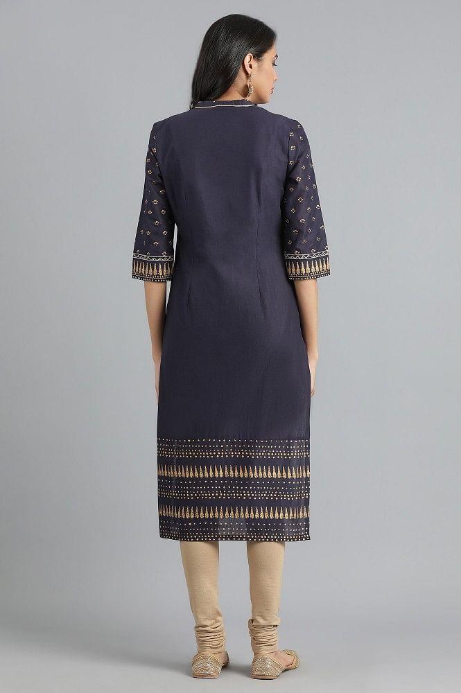 Blue Mandarin Neck Printed kurta - wforwoman