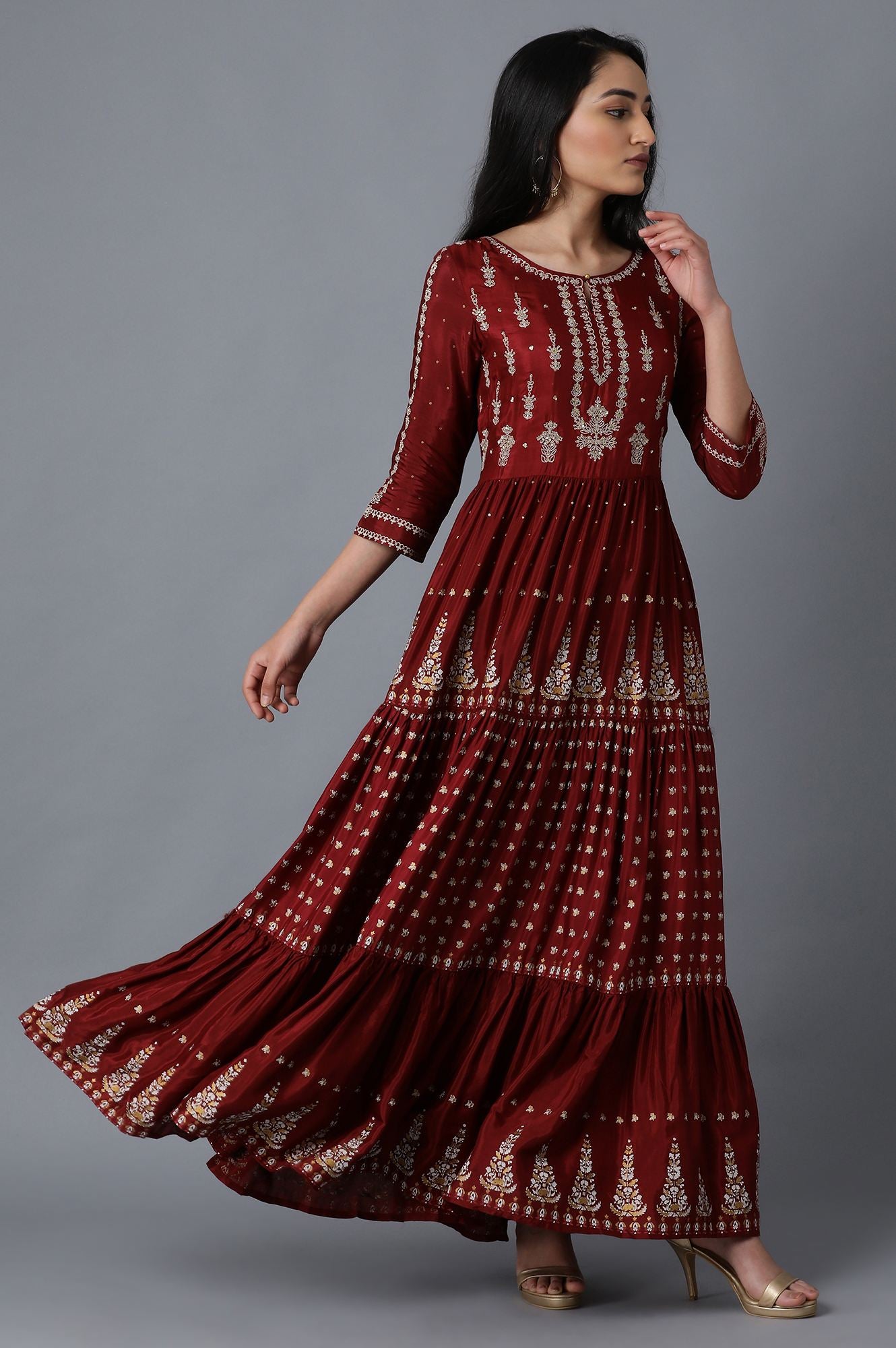 Maroon Round Neck Tiered Festive Dress