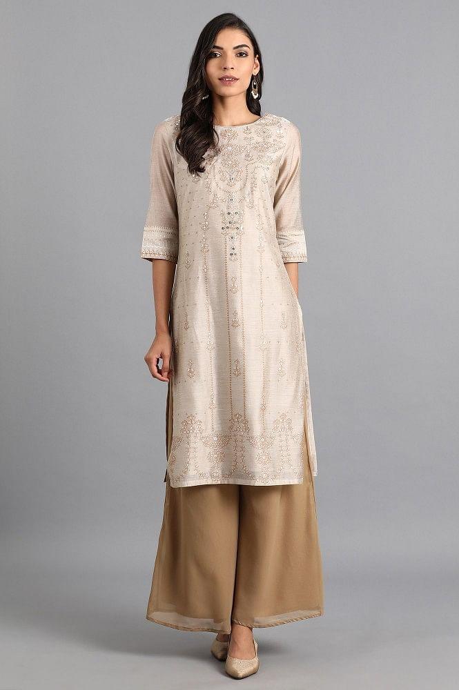 Beige Round Neck Printed kurta - wforwoman