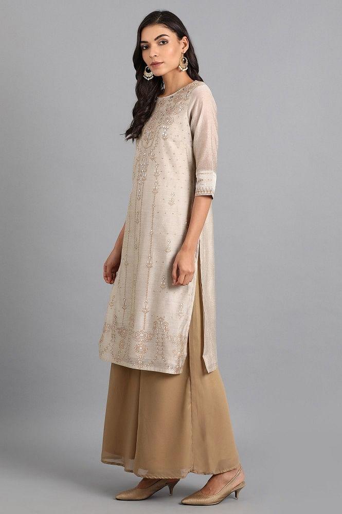 Beige Round Neck Printed kurta - wforwoman