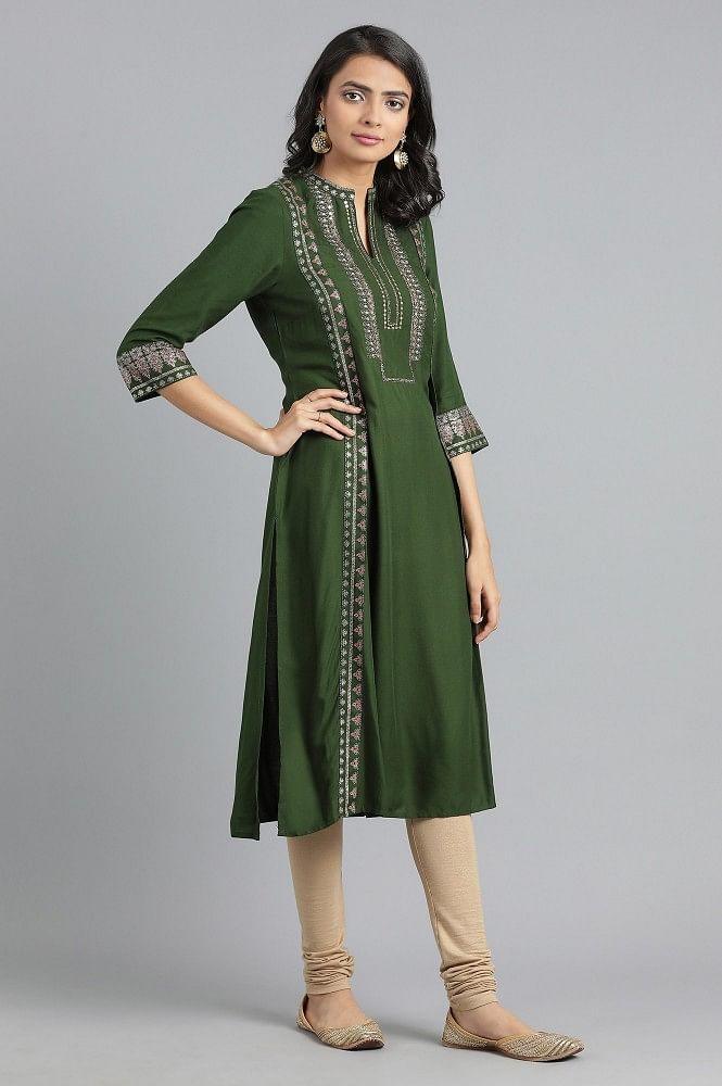 Green Mandarin Neck Printed kurta - wforwoman