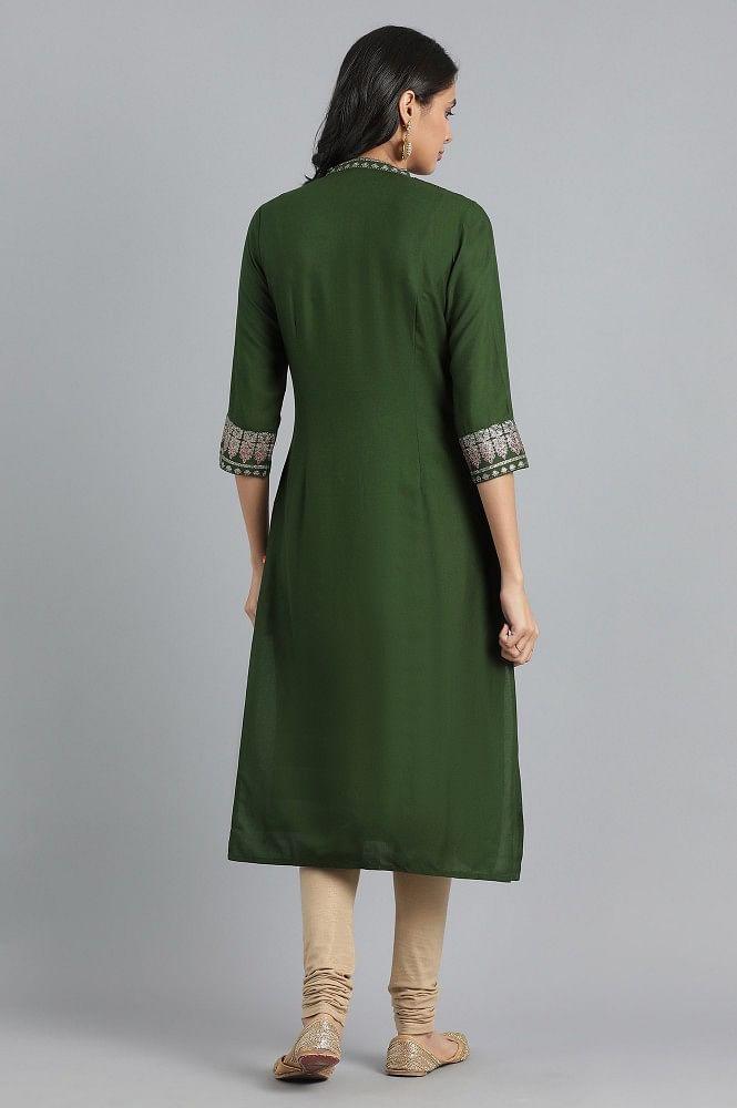 Green Mandarin Neck Printed kurta - wforwoman