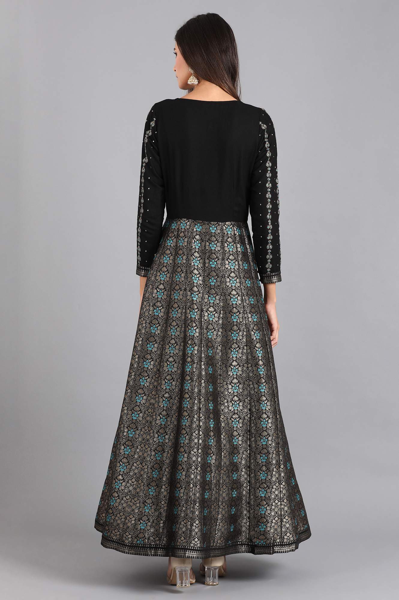 Black Round Neck Embroidered Festive Gown