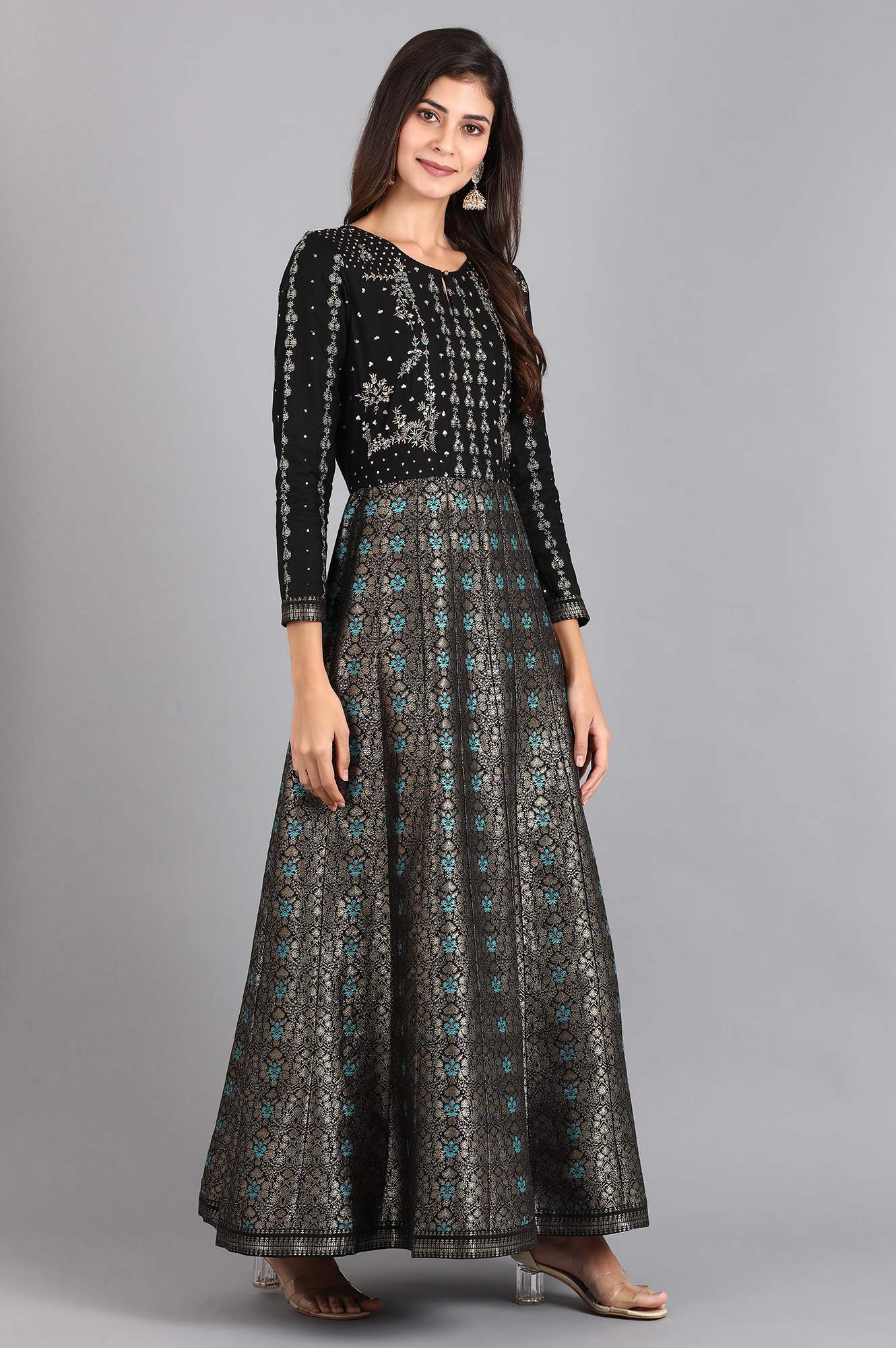 Black Round Neck Embroidered Festive Gown