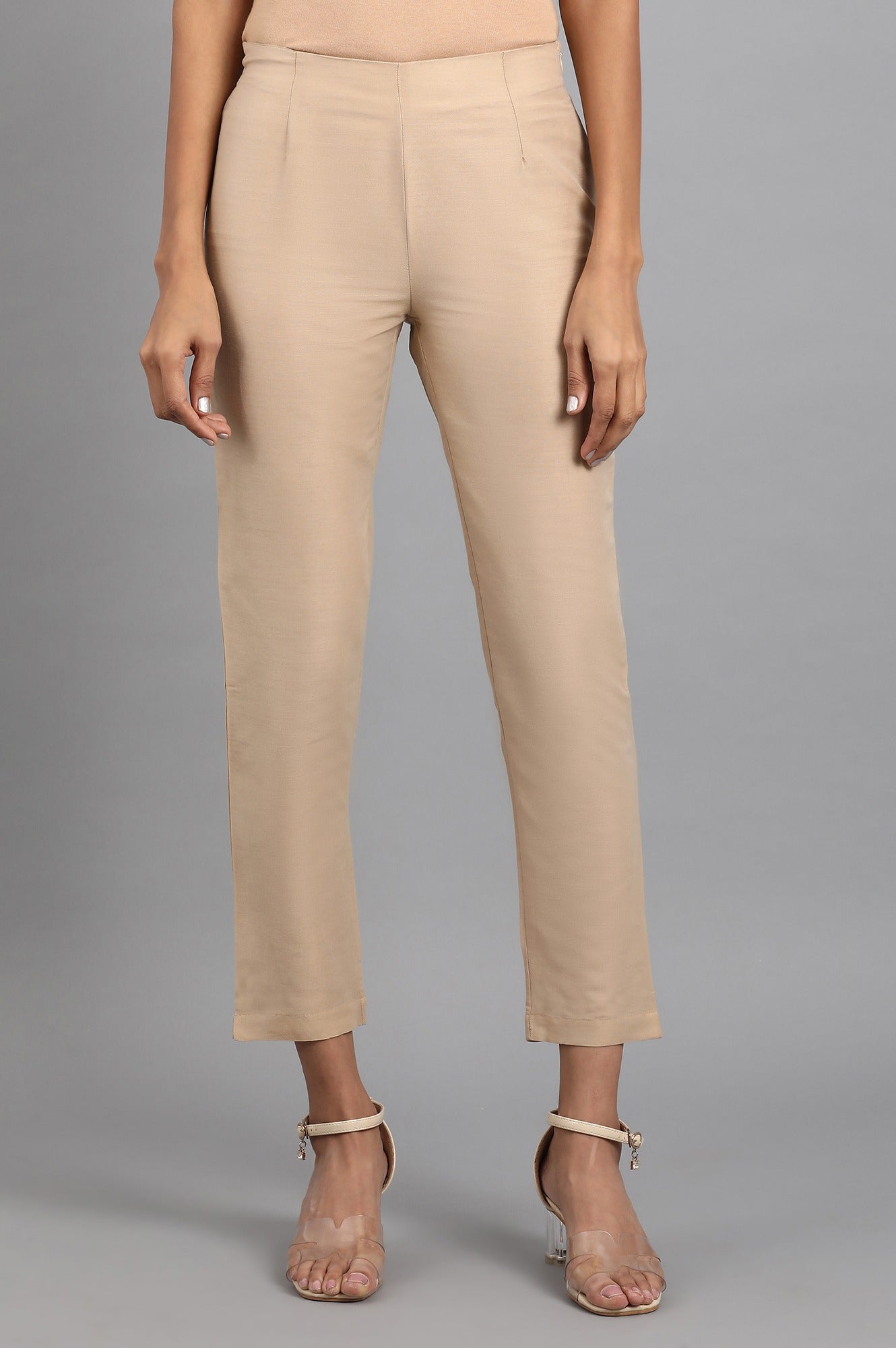 Beige Solid Trousers