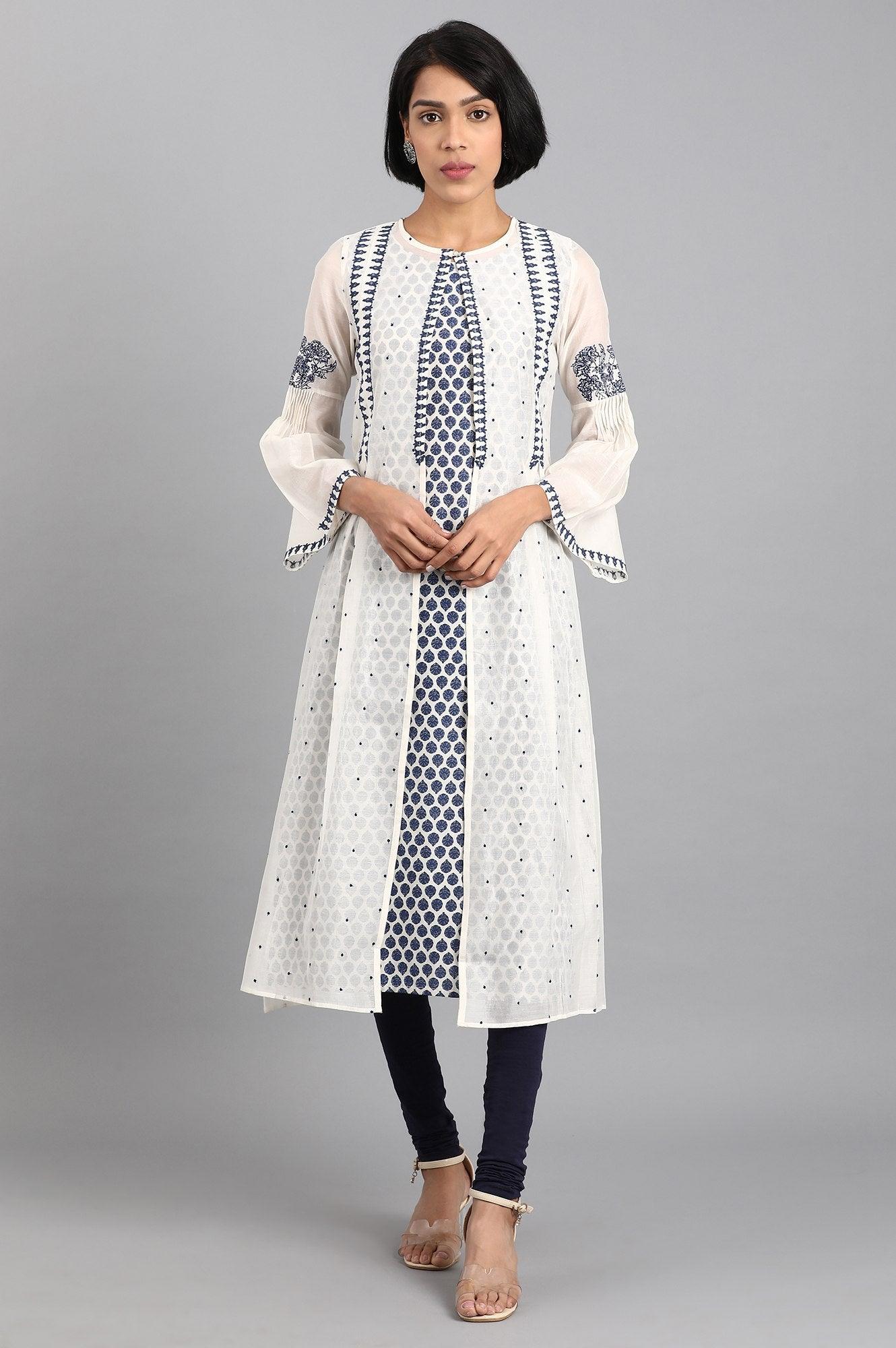 White Round Neck Printed kurta Set - wforwoman