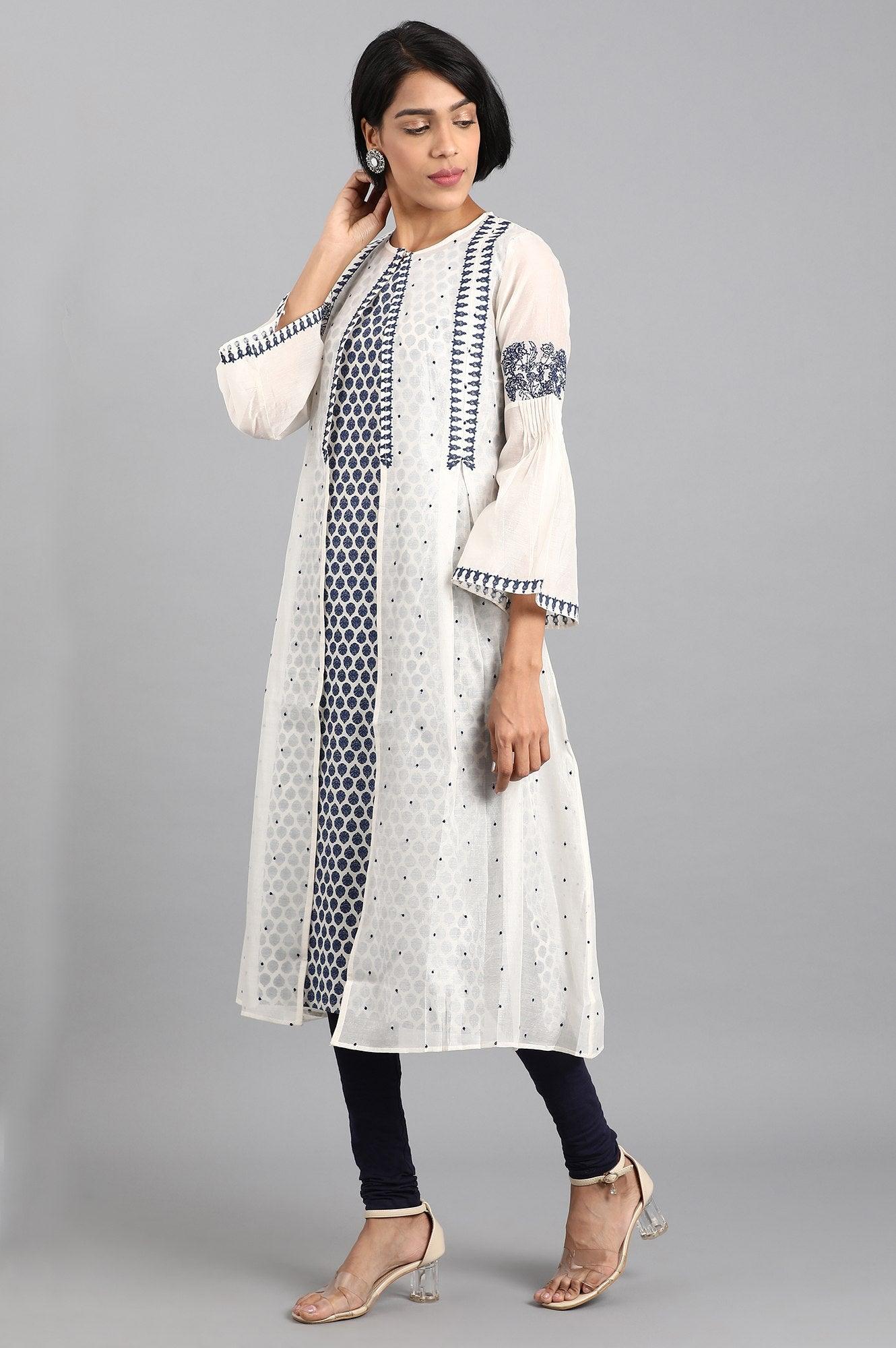White Round Neck Printed kurta Set - wforwoman