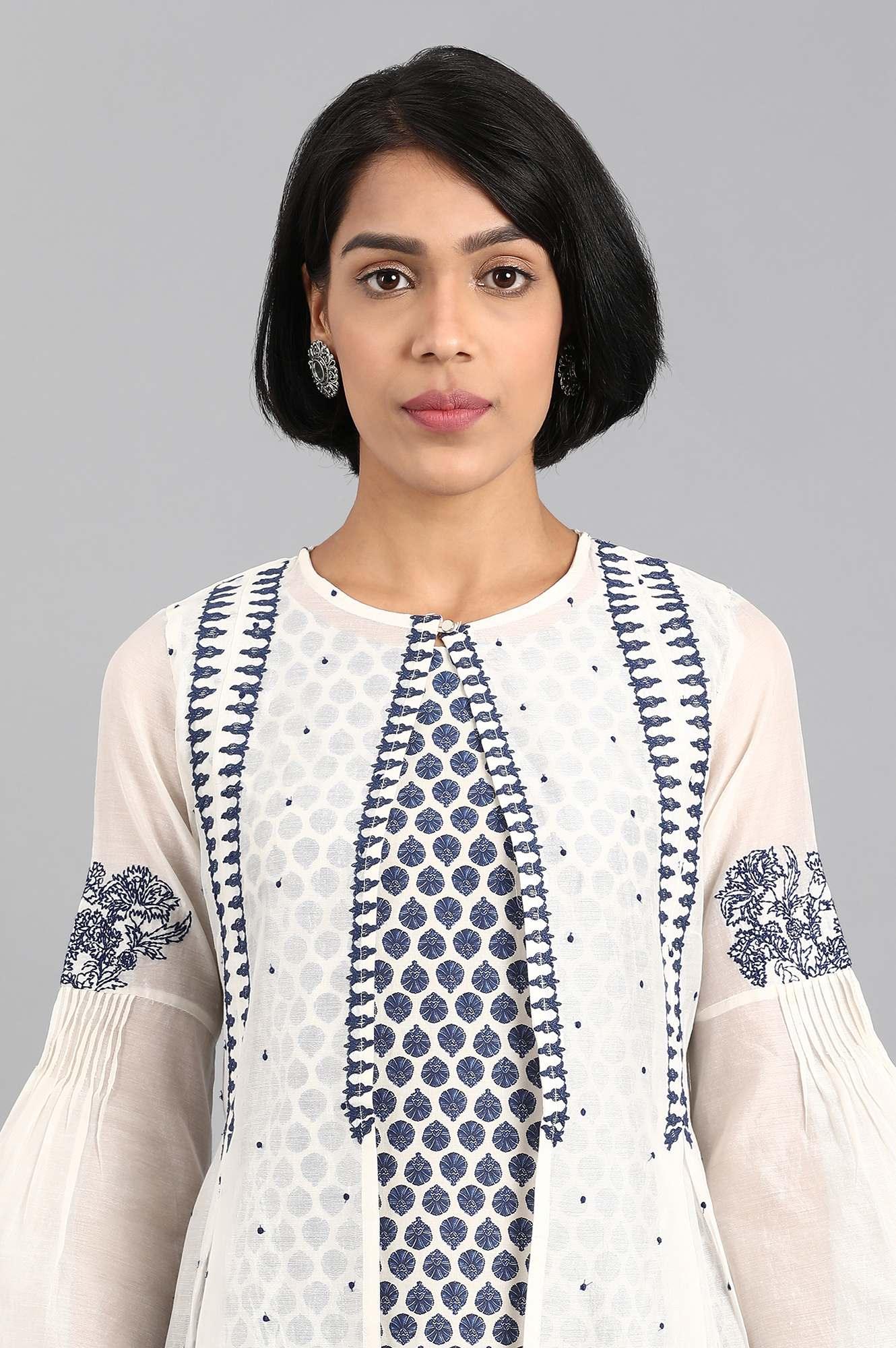 White Round Neck Printed kurta Set - wforwoman