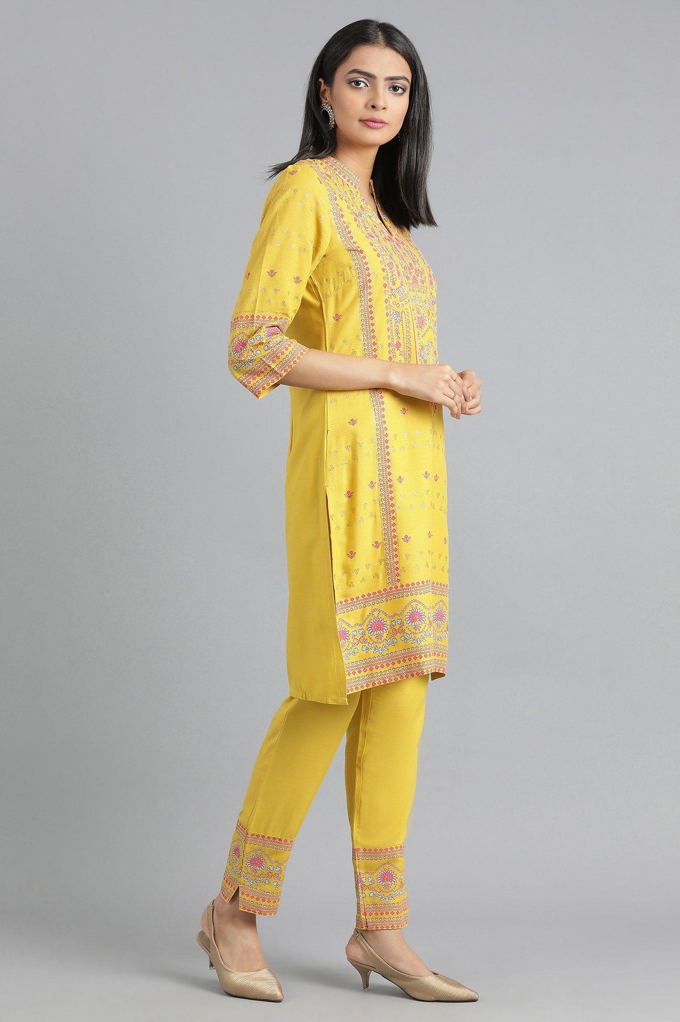 Yellow Mandarin Neck Suit Set - wforwoman