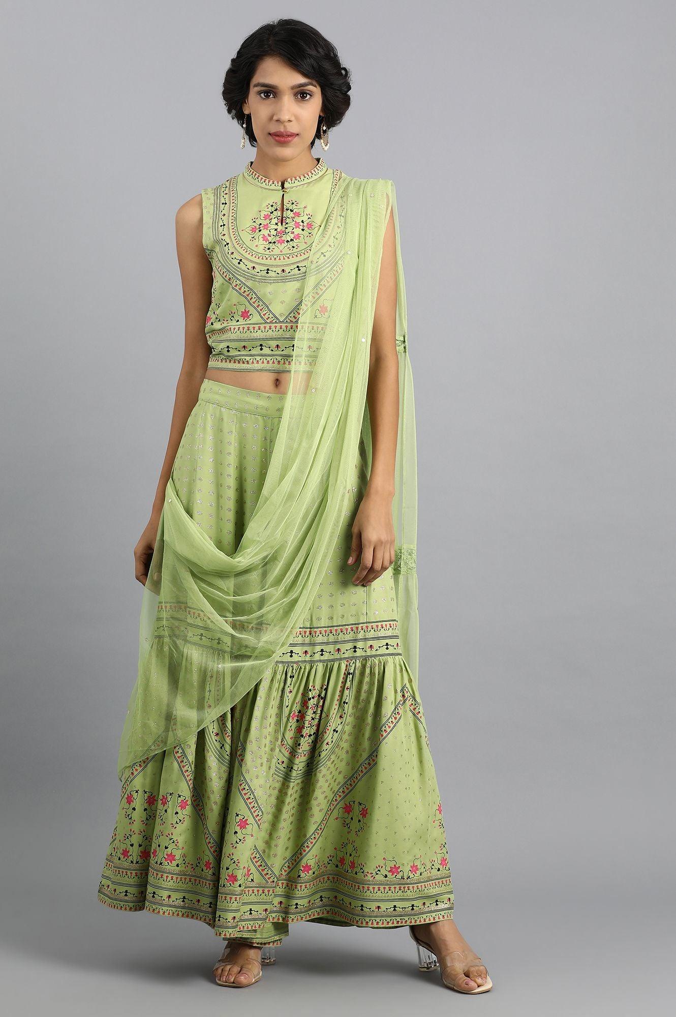 Green Mandarin Neck Sharara Set - wforwoman