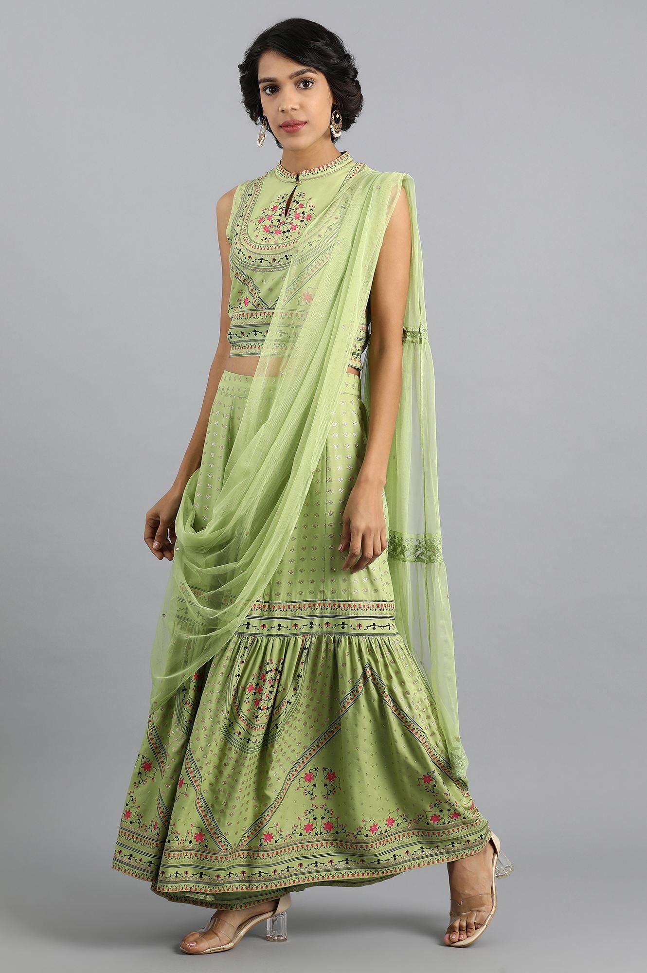Green Mandarin Neck Sharara Set - wforwoman