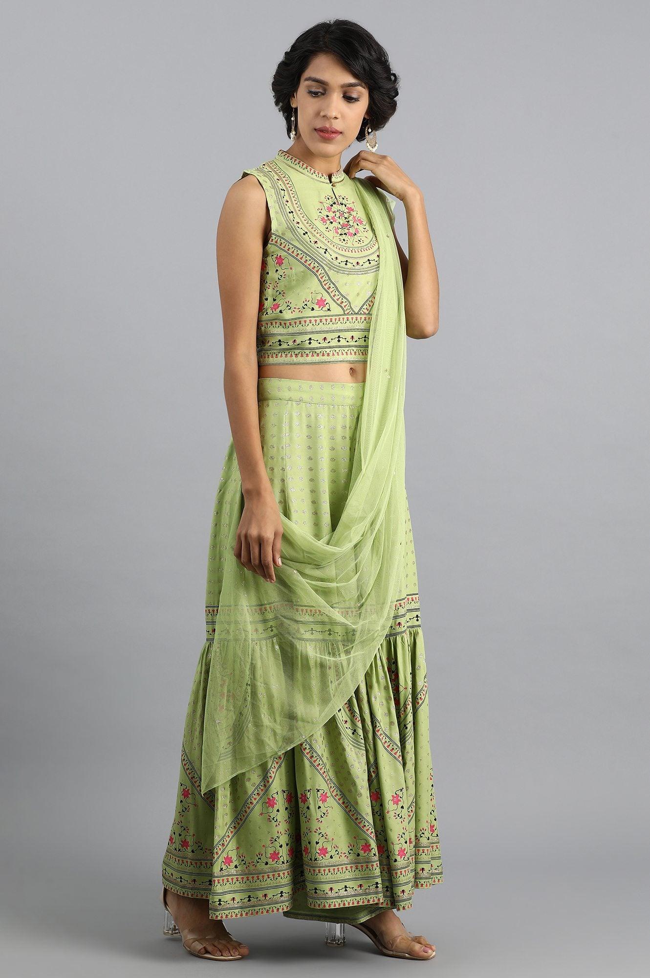 Green Mandarin Neck Sharara Set - wforwoman