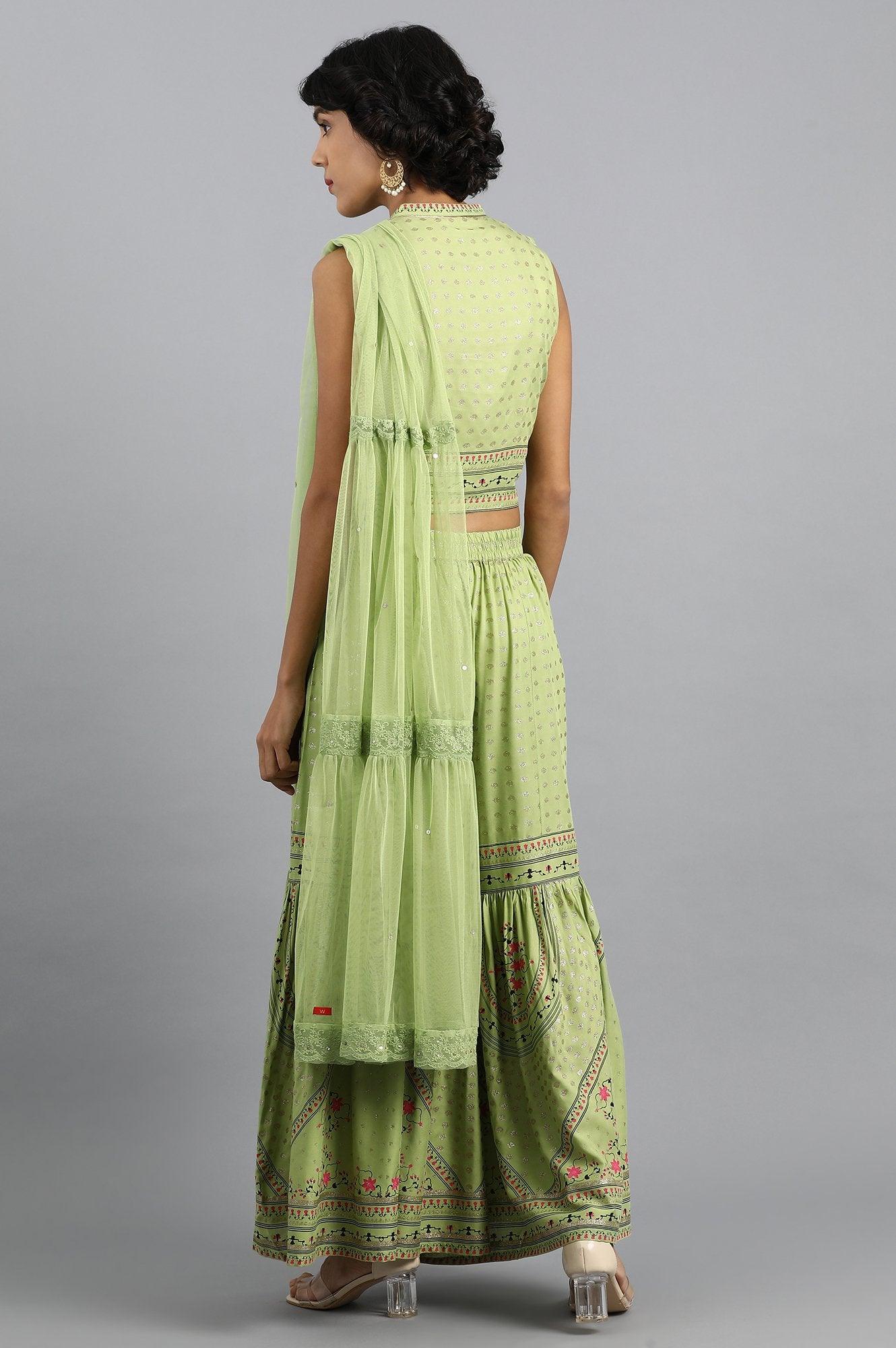 Green Mandarin Neck Sharara Set - wforwoman