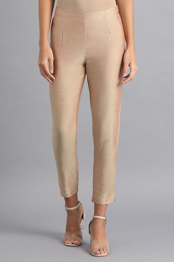 Beige Solid Trousers - wforwoman