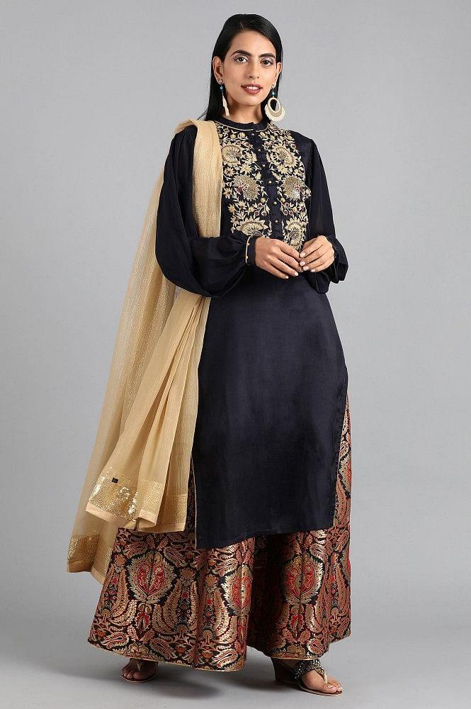 Blue Mandarin Neck Solid kurta - wforwoman