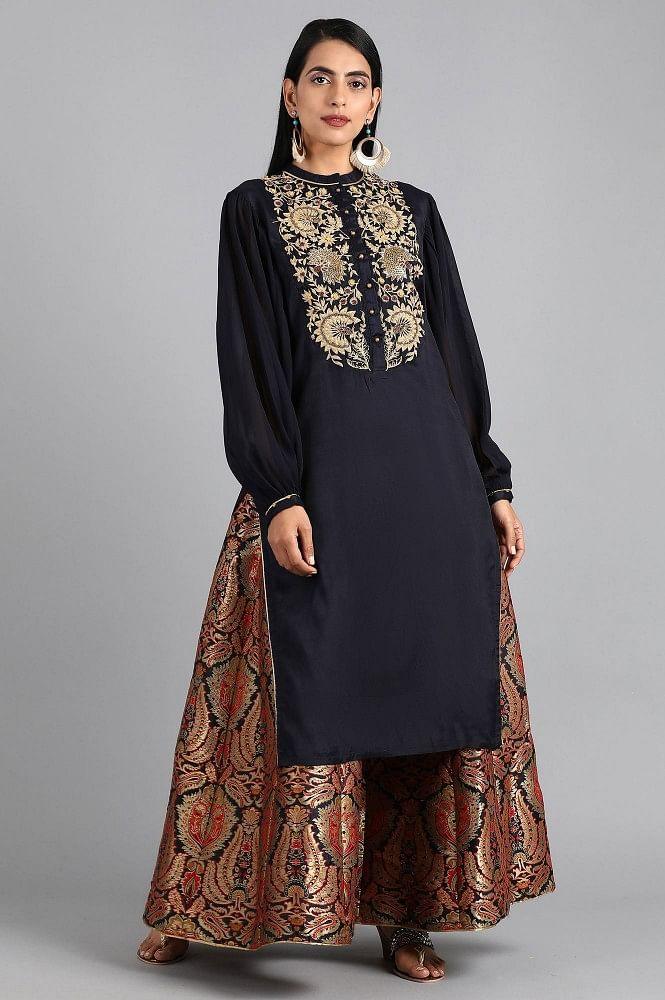 Blue Mandarin Neck Solid kurta - wforwoman