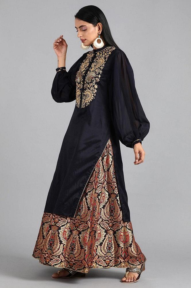 Blue Mandarin Neck Solid kurta - wforwoman