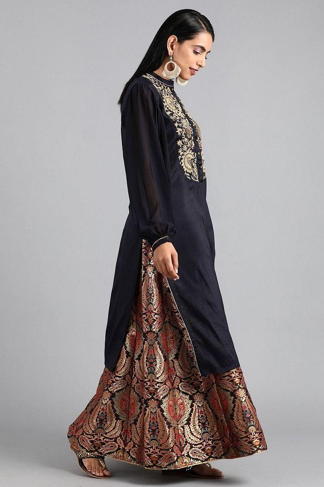 Blue Mandarin Neck Solid kurta - wforwoman