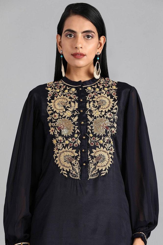 Blue Mandarin Neck Solid kurta - wforwoman