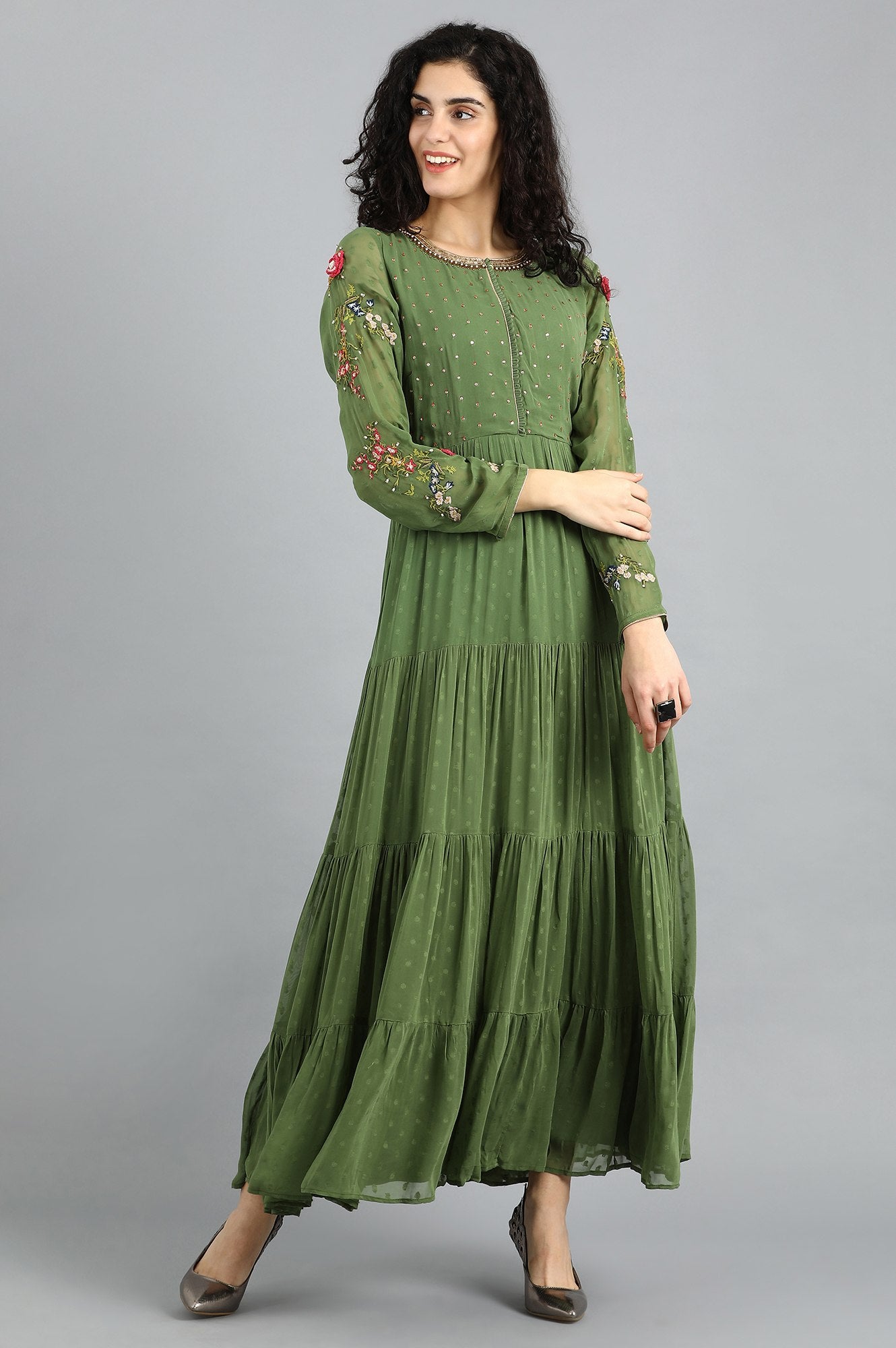Green Round Neck Flared Dress