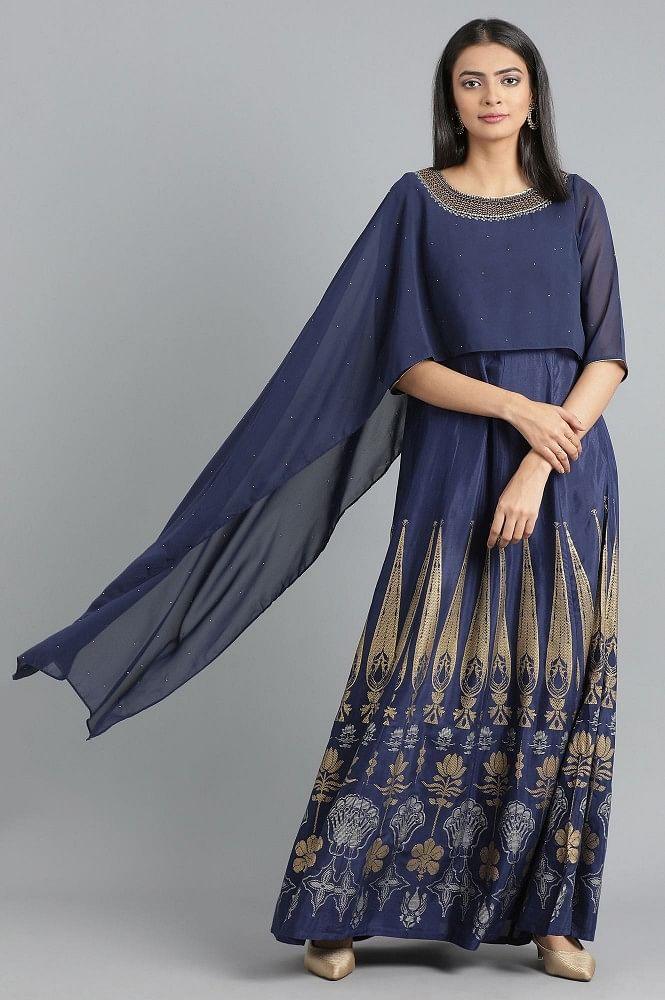Blue Round Neck Printed kurta - wforwoman