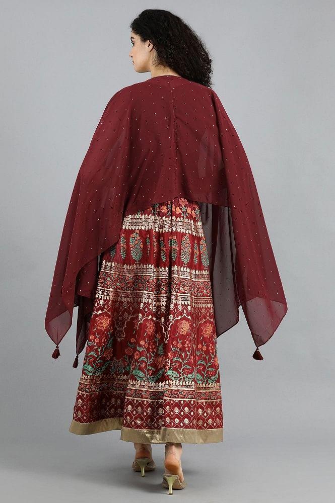 Maroon Round Neck Cape Sleeves Set - wforwoman