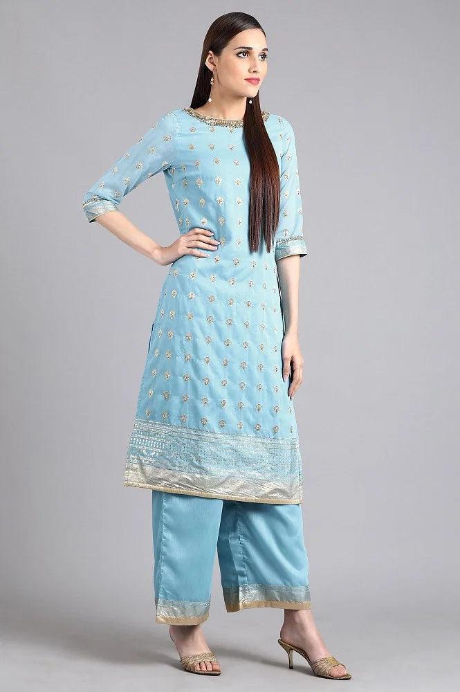 Blue Round Neck Embellished kurta Set - wforwoman