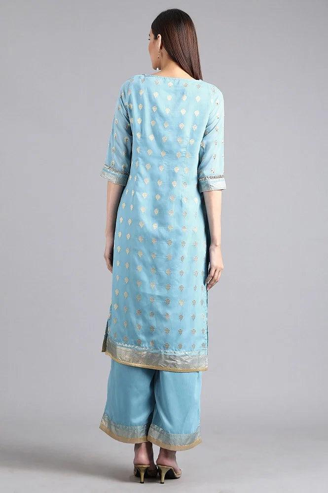Blue Round Neck Embellished kurta Set - wforwoman
