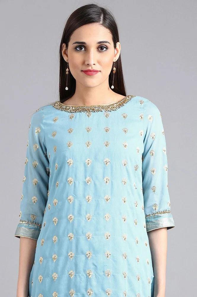 Blue Round Neck Embellished kurta Set - wforwoman