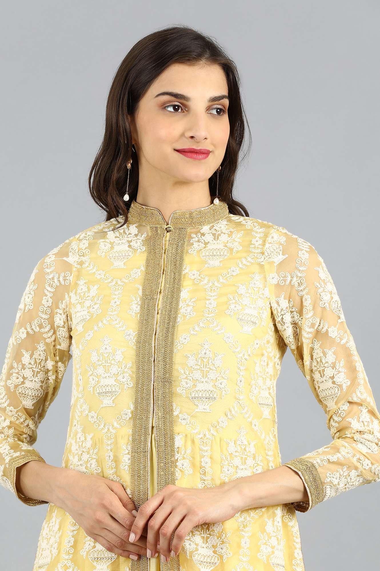 Yellow Mandarin Neck Embellished kurta Set