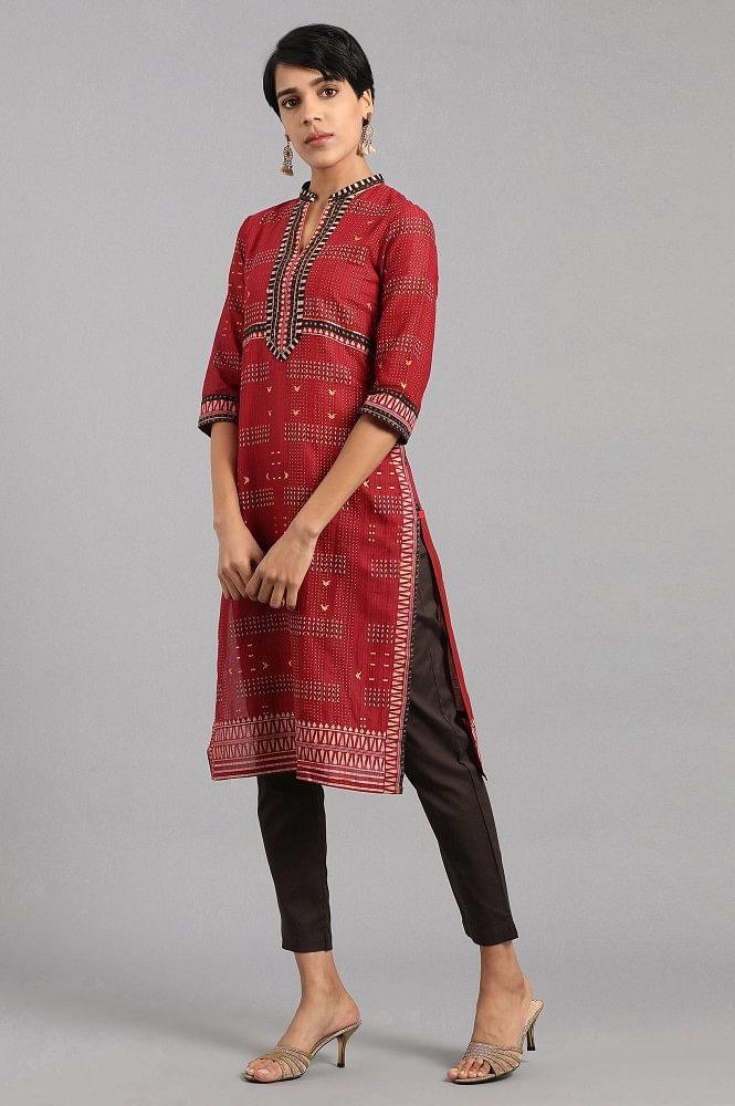 Maroon Mandarin Neck Printed kurta - wforwoman