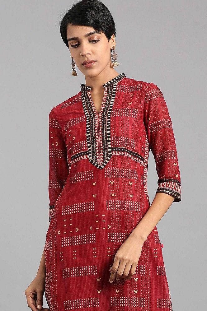 Maroon Mandarin Neck Printed kurta - wforwoman