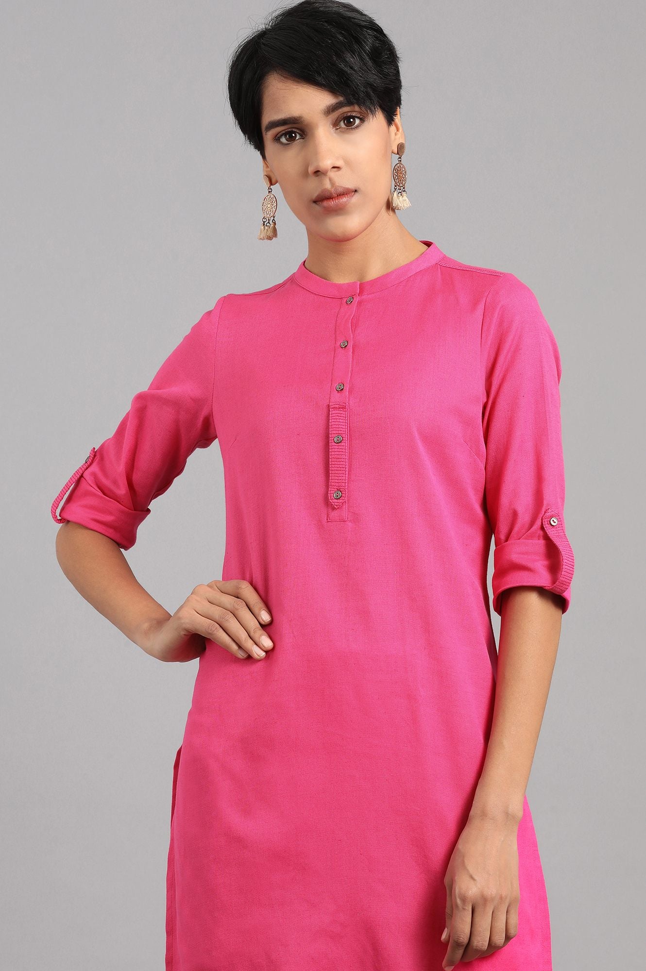 Pink Solid Straight Cotton Kurta