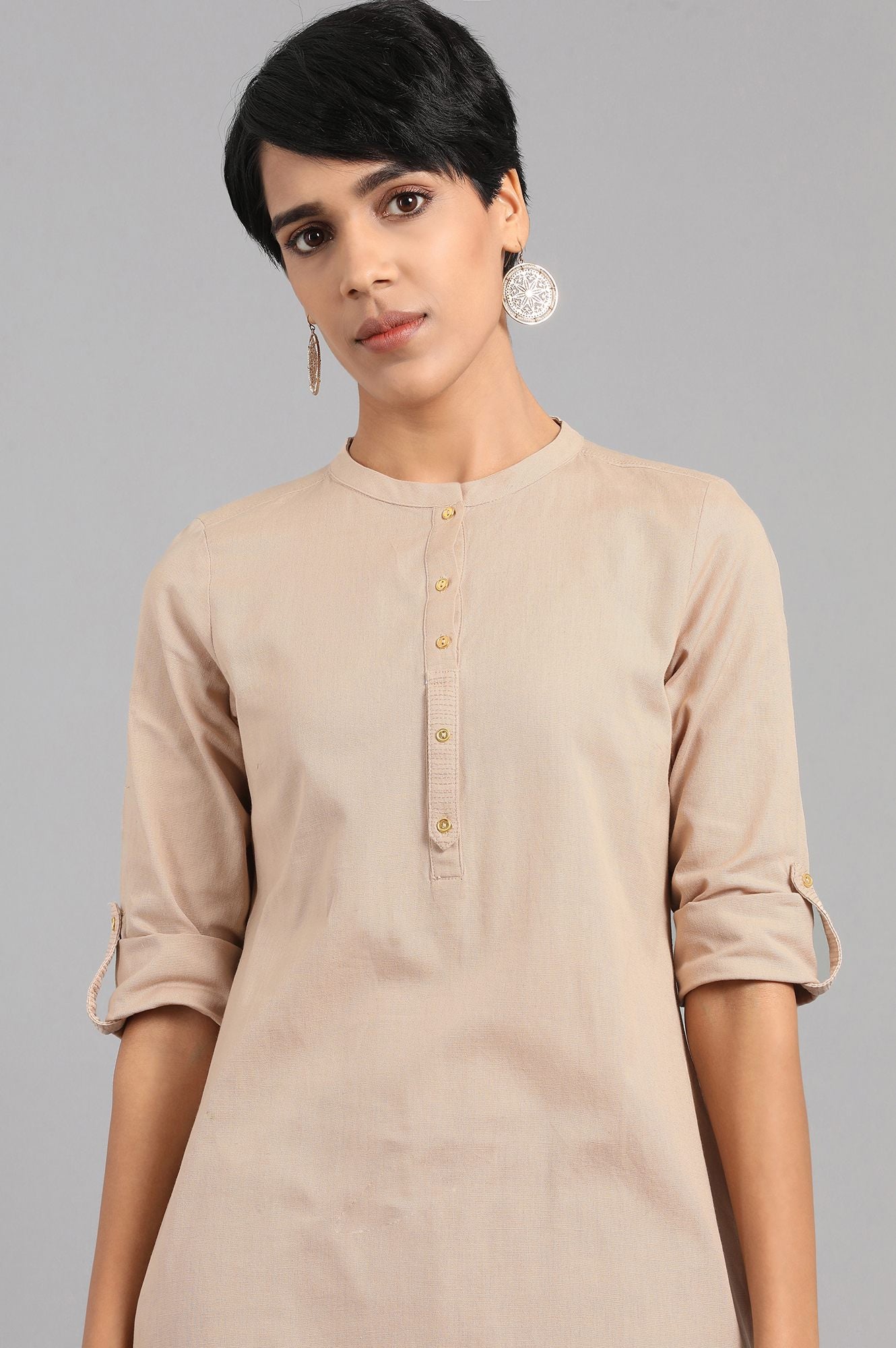 Beige Solid Straight Cotton Kurta