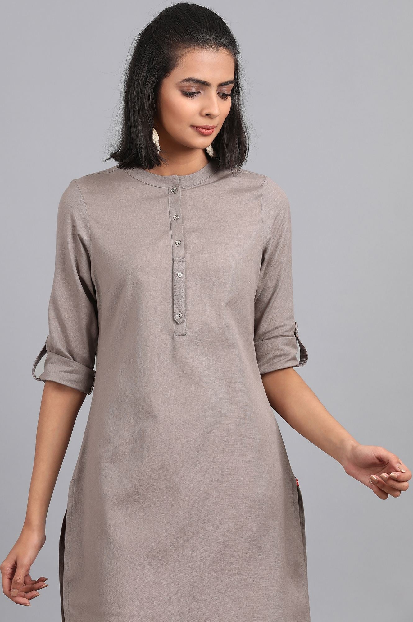 Grey Solid Straight Cotton Kurta