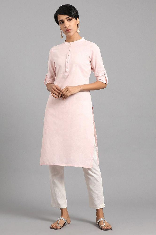 Pink Mandarin Neck Solid kurta - wforwoman