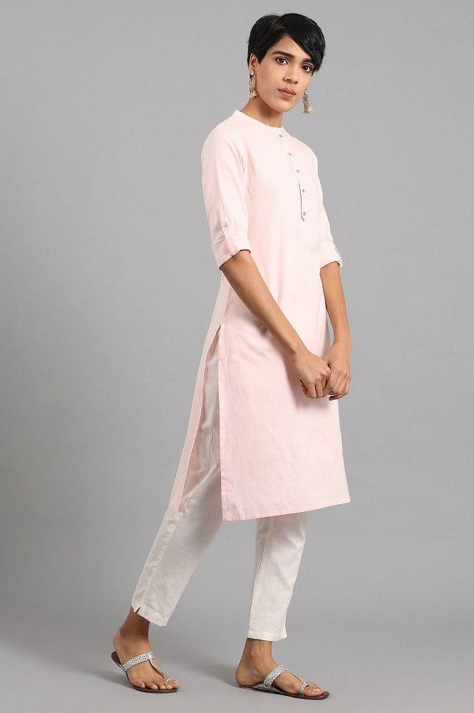 Pink Mandarin Neck Solid kurta - wforwoman