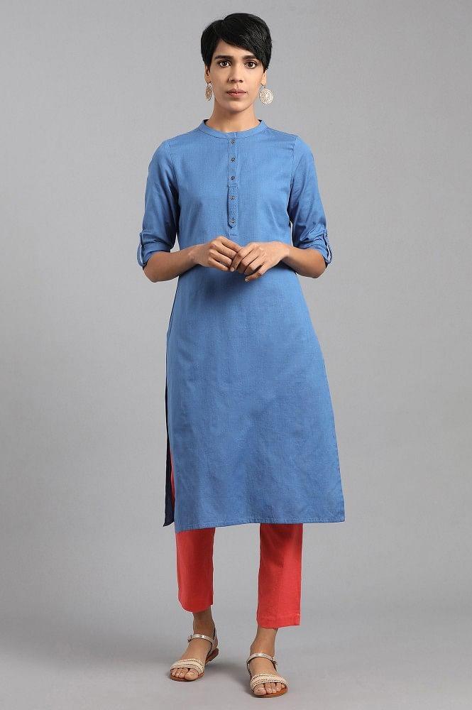 Blue Mandarin Neck Solid kurta - wforwoman
